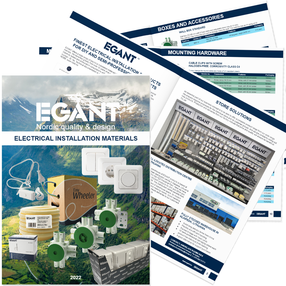 EGANAT Catalogue 2022 Electrical Installation Materials. Cables and wires, flex tubes, wall boxes, clips, DCL plugs and sockets, LED dimmers.